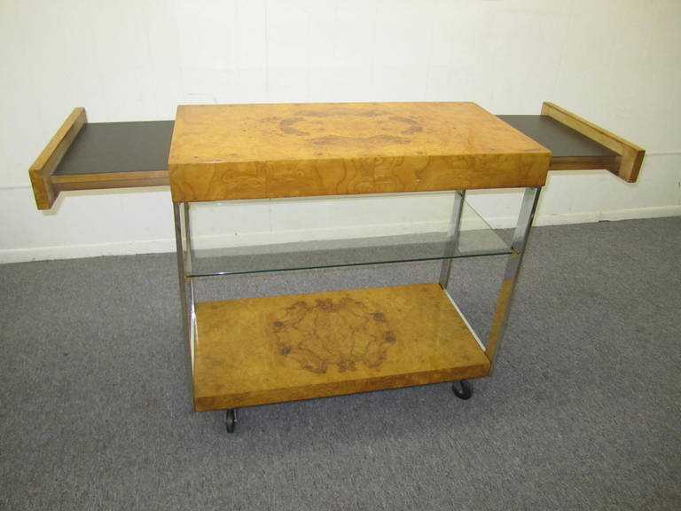 Late 20th Century Rare Milo Baughman Bar Trolley Cart in Burl Olive Wood
