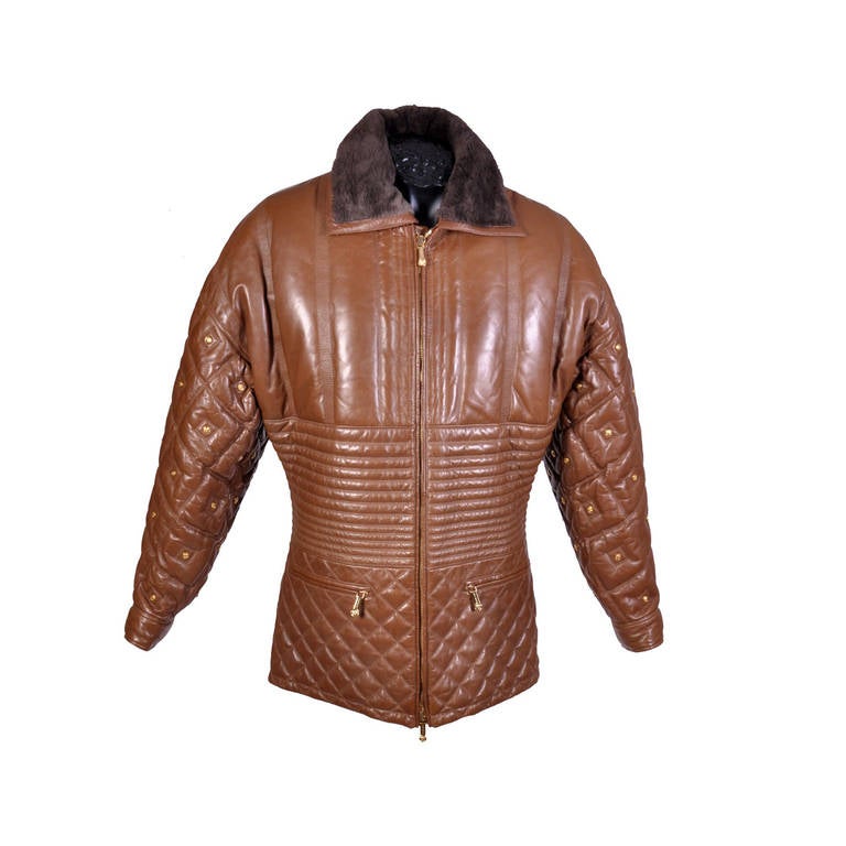 New VERSACE CARAMEL BROWN QUILTED STUDDED LEATHER FUR JACKET