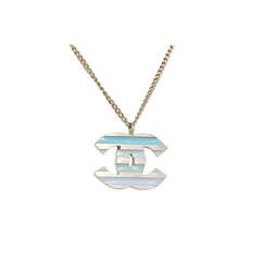 CHANEL Blue Striped CC Pendant On Chain c. 2005