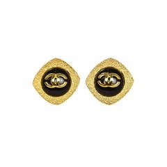 CHANEL Goldtone Diamond Shaped Clip On Earrings W/Black Center & CC
