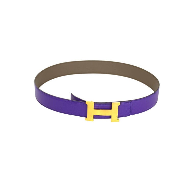 HERMES Purple And Grey Reversible XL Goldtone H Constance Buckle Belt