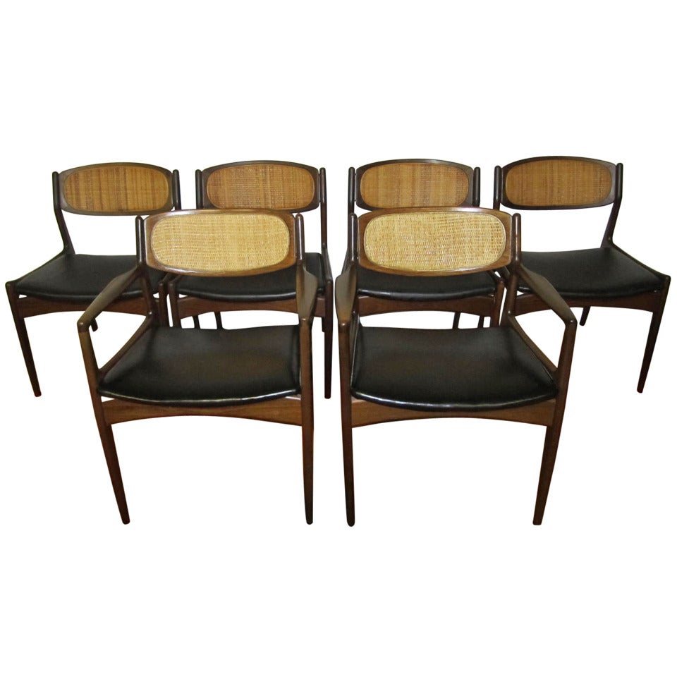 Set of 6 Danish Modern Selig Walnut Caned Back Dining Chairs