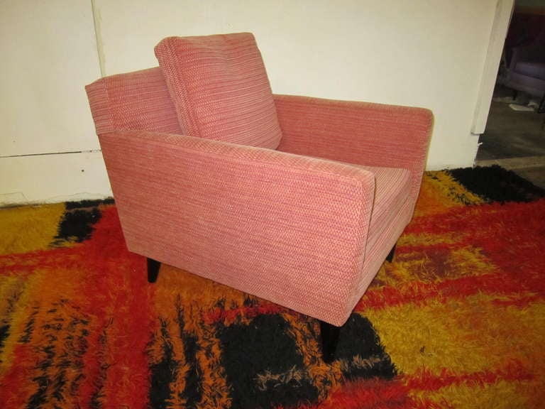 Gorgeous Dunbar chair designed by Edward Wormley.  This lovely chair was reupholstered in a salmon chenille about 20 years ago and still looks great.  The back cushion is filled with down making this chair extra comfortable.