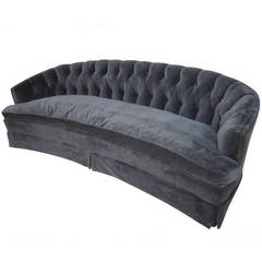 Spectacular Black Velvet Tufted Crescent-Shaped Curved Sofa, Hollywood Regency