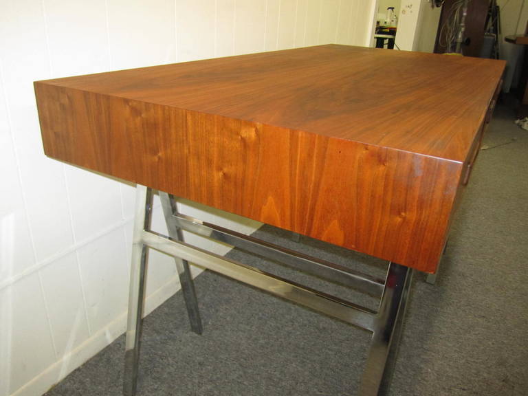 Mid-Century Modern Milo Baughman Chrome Saw Horse Walnut Desk 1