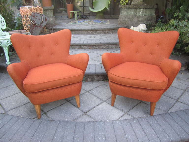 Magnificent pair of Ernst Schwadron barrel back chairs.  These chairs are circa 50's and were reupholstered in the mid sixtys with this amazing thick woven paprika orange wool.  The vintage fabric looks gorgeous-no need for re upholstery here.  Now,