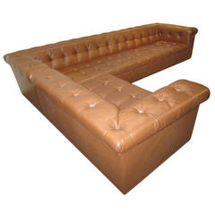 Vintage Monumental Edward Wormley Dunbar, L-Shaped Leather Chesterfield Sofas