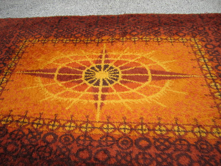 Vibrant and Large Orange Swedish Rya Rug, Mid-Century Modern