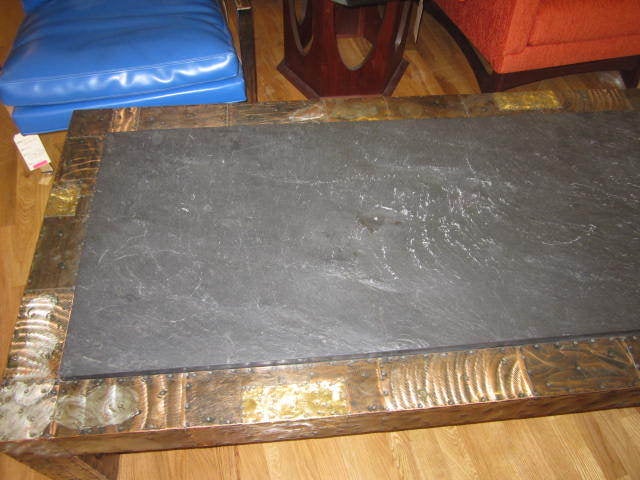 American Fabulous Paul Evans Brutalist Metal Patchwork Coffee Table Signed Slate Top For Sale