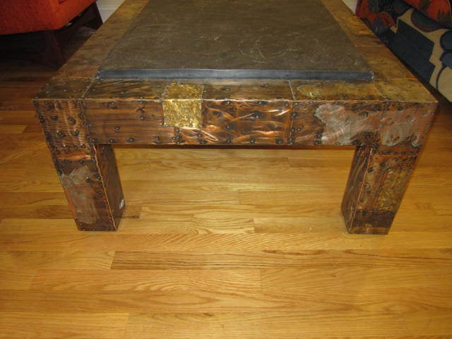 Fabulous Paul Evans Brutalist Metal Patchwork Coffee Table Signed Slate Top For Sale 1