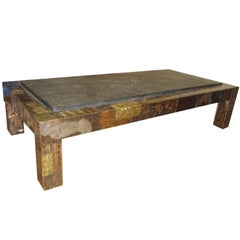 Fabulous Paul Evans Brutalist Metal Patchwork Coffee Table Signed Slate Top