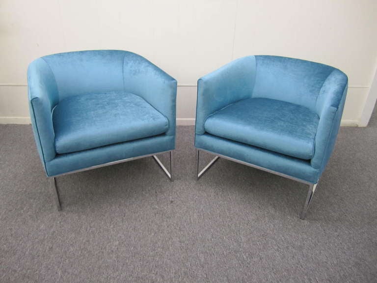 Pair of Milo Baughman Barrel  Back Turquoise Velvet Chaiirs mid-century modern