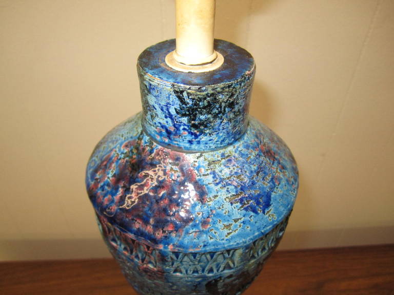 Mid-20th Century Italian Blu Rimini Pottery Table Lamp by Aldo Londi, Bitossi, Mid-Century Modern For Sale