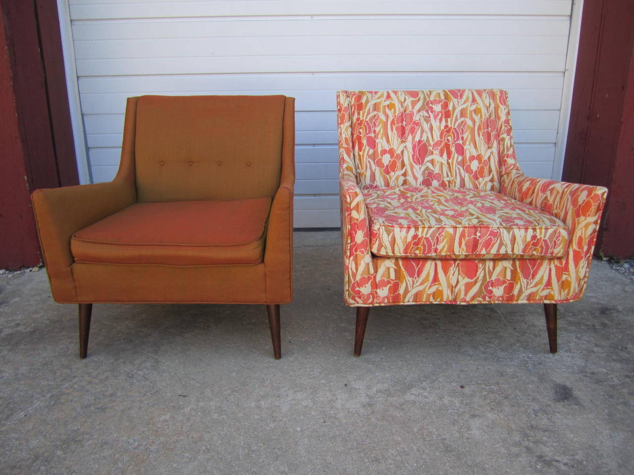 Lovely pair of Milo Baughman style lounge chairs plus one matching ottoman. These chairs are perfect for the designer who needs to re-upholster as you can see they have mismatched fabric. We love the scale of these being not too big nor too small. I