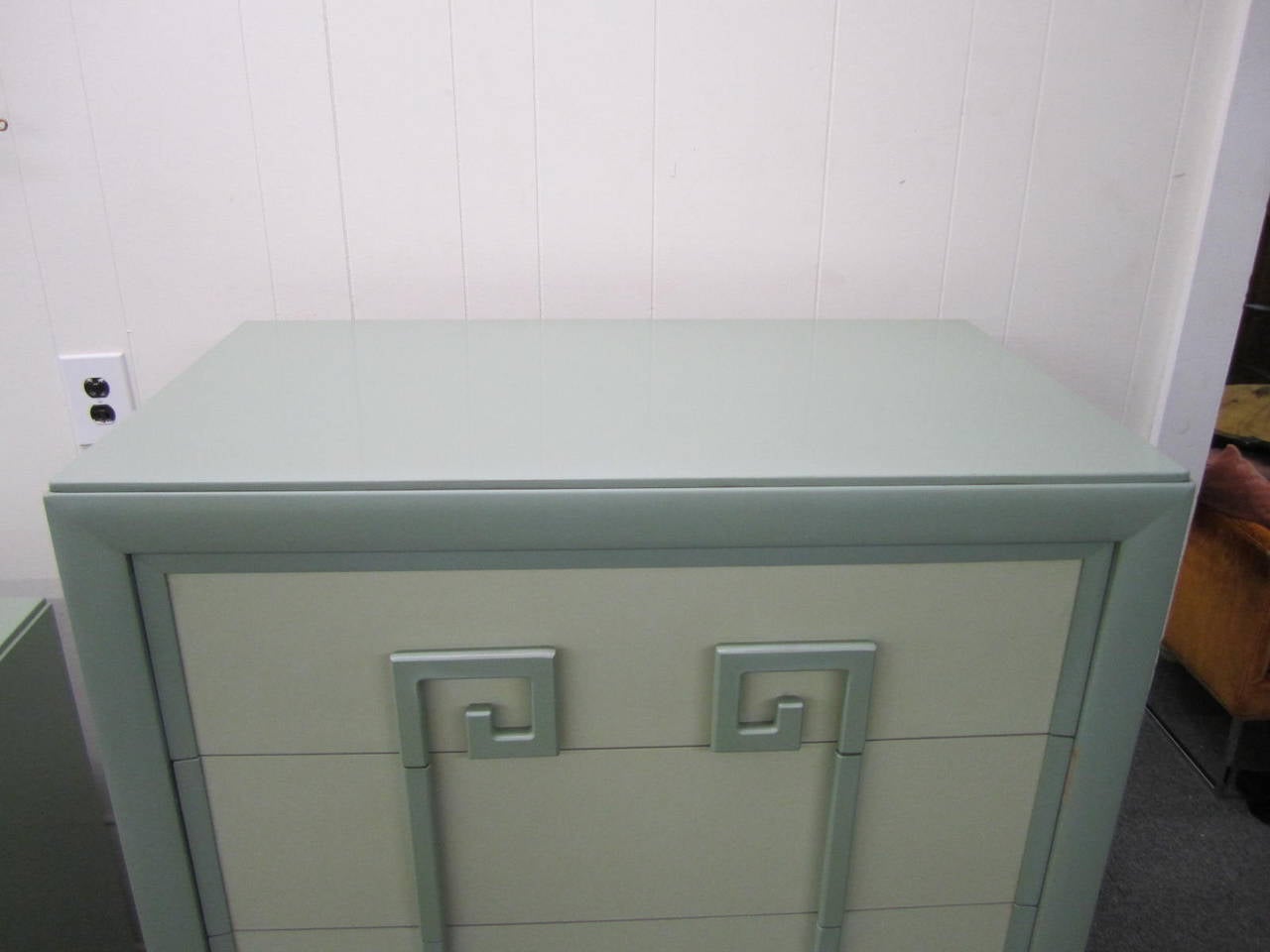 Fabulous tall chest of drawers/dresser by Kittinger from their earliest Mandarin collection with bold Greek Key drawer handles. Retains it's original two-toned light green lacquer finish in very nice vintage condition. Original Kittinger paper label
