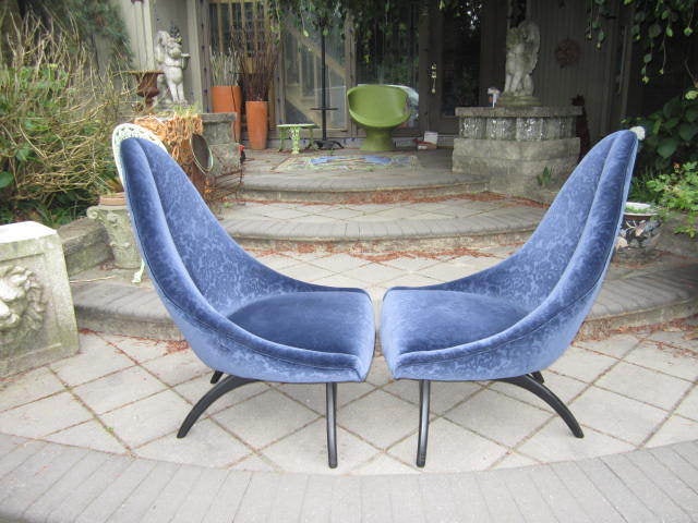 Outstanding pair of super tall back Adrian Pearsall style scoop chairs.  The fabric has been recently redone in a midnight blue cut velvet floral.  The are magnificent in person.