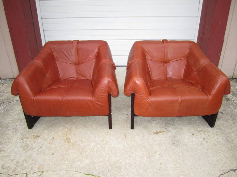Pair of Percival Lafer Leather and Rosewood Lounge Chairs Mid-century Modern