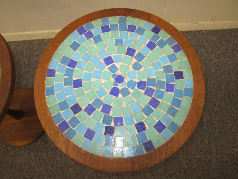 Pair of Gordon Martz Attributed Tile-Top Spool Tables Mid-Century Modern In Good Condition In Pemberton, NJ