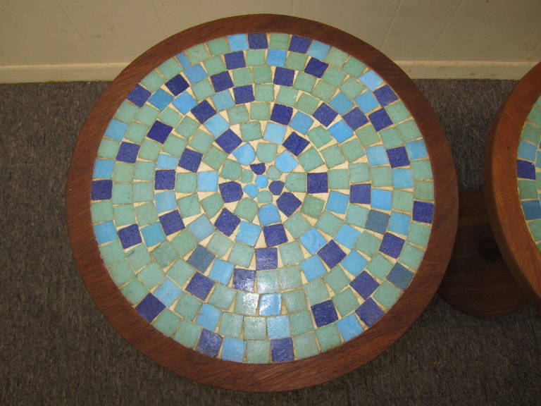 American Pair of Gordon Martz Attributed Tile-Top Spool Tables Mid-Century Modern