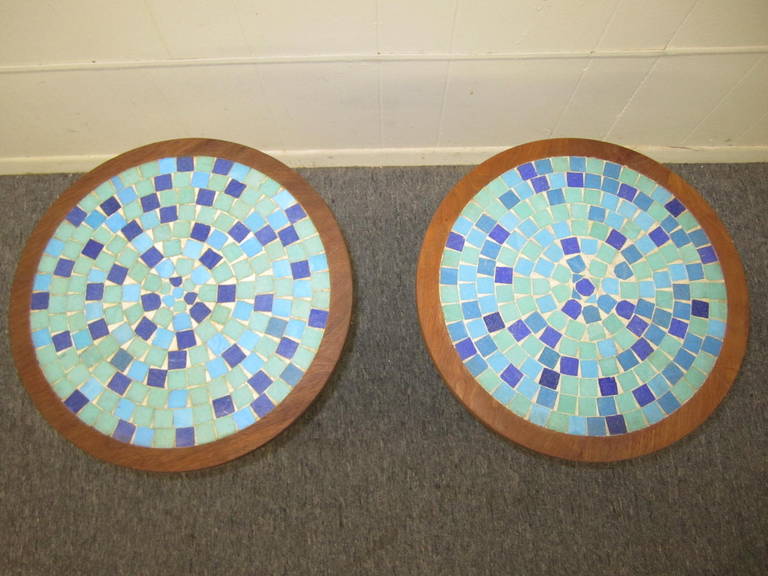 Pair of Gordon Martz Attributed Tile-Top Spool Tables Mid-Century Modern