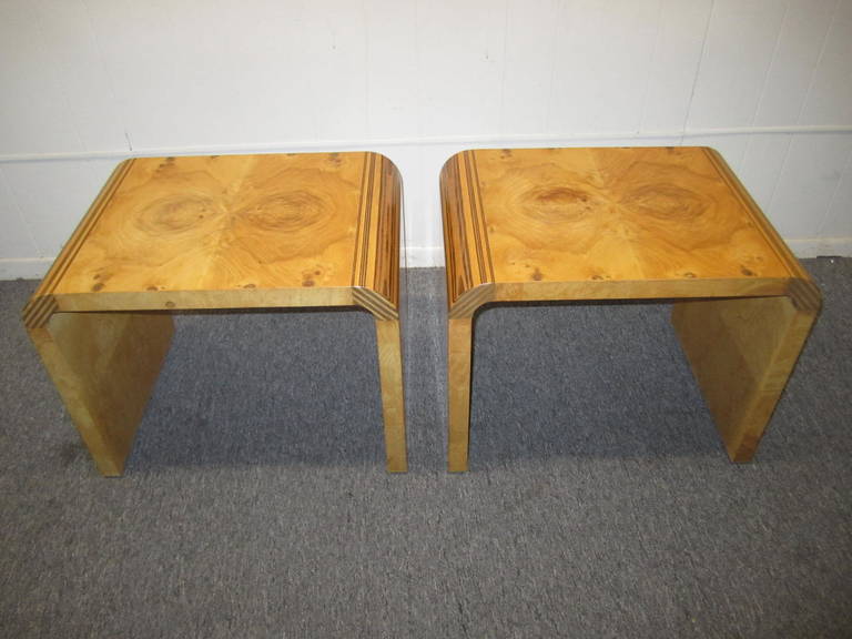 Handsome pair of Henredon olive wood  scene 2 wood side table/stools.  Gorgeous book matched olive wood tables/stools with unusual striped macassar ebony  rounded corners.  These make great side tables and are well strong enough to be stools for