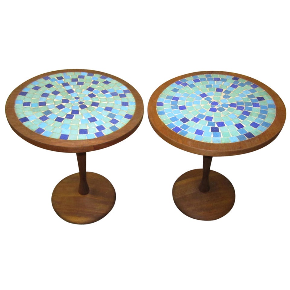 Pair of Gordon Martz Attributed Tile-Top Spool Tables Mid-Century Modern