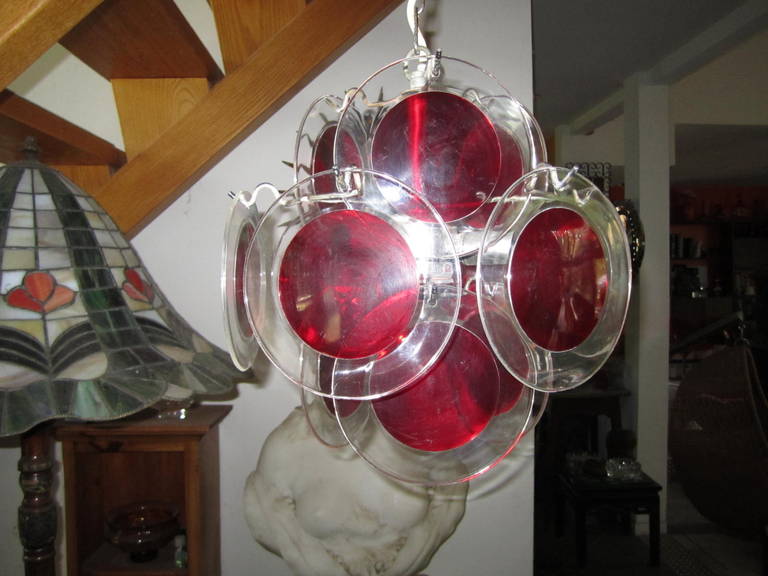 American Lovely Petite Vistosi Red Lucite Disk Chandelier Mid-Century Modern For Sale