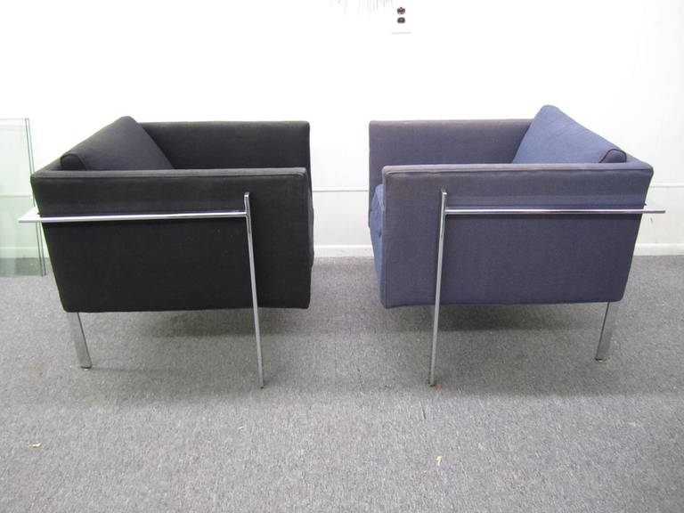 Really rare pair of signed Milo Baughman flat bar chrome cube lounge chairs. We have four of these chairs in all and are selling them in pairs. These were made exclusively for the Stanley Library in North Carolina. The library commissioned Thayer
