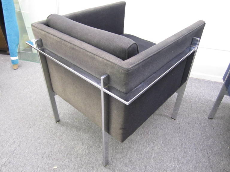 Rare Pair of Milo Baughman Solid Flat Bar Chrome Cube Chairs, Mid-Century Modern For Sale 3
