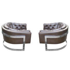 Pair of Rare Huge Milo Baughman Chrome Cantilevered Barrel Chairs