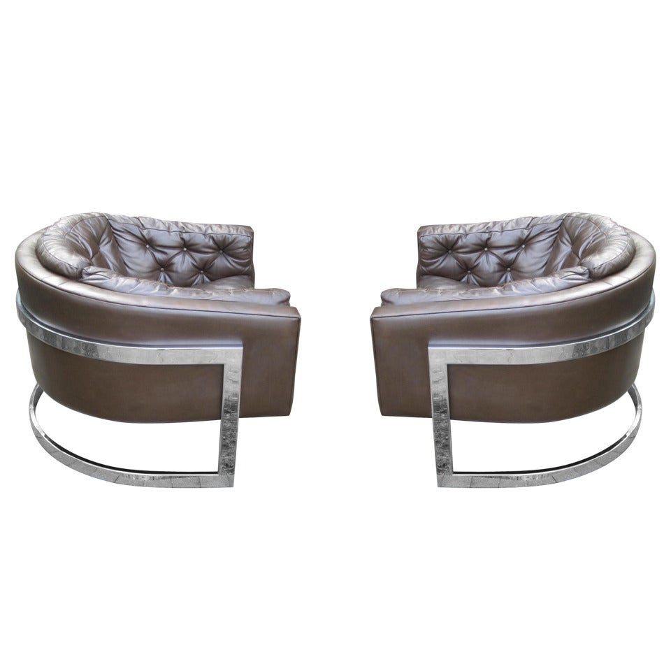 Pair of Rare Huge Milo Baughman Chrome Cantilevered Barrel Chairs