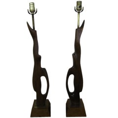 Pair of Abstract Sculptural Walnut Lamps Mid-century Danish Modern