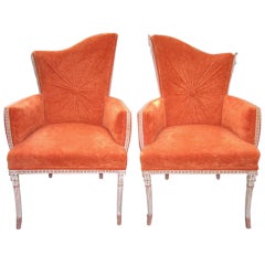 Pair Hollywood  Regency Modern Orange Velvet Arm Chairs