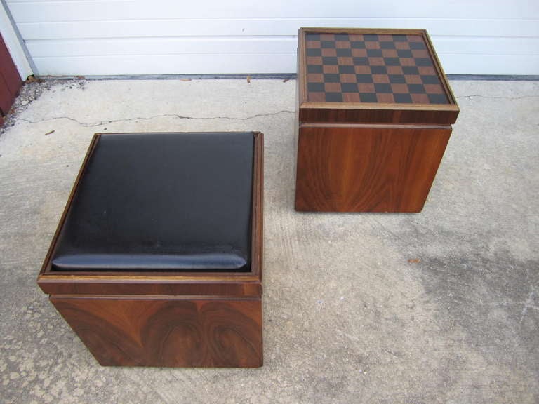 Unusual Pair of Lane Walnut Game Cube Storage Stools Mid-century Modern 4