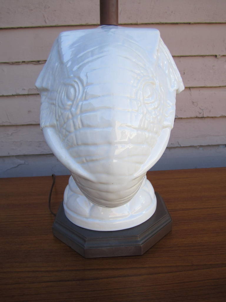 Late 20th Century Pair of Exotic Regency Modern White Ceramic Double Elephant Lamp