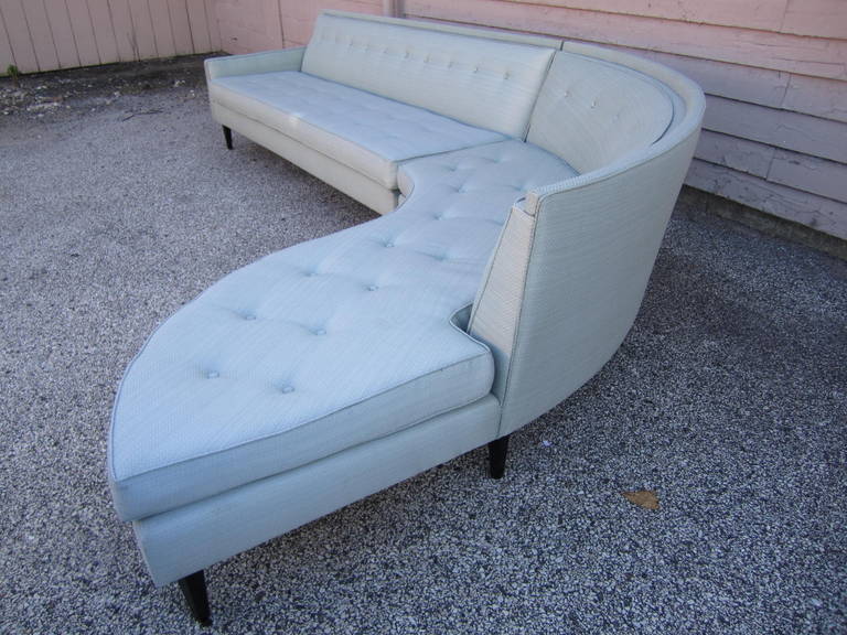 Stunning 2 piece Harvey Probber style serpentine sofa.  Recently reupholstered in a lovely woven sea foam green-looks great.  This set is a real show stopper in person-just gorgeous.  The straight piece measures 30