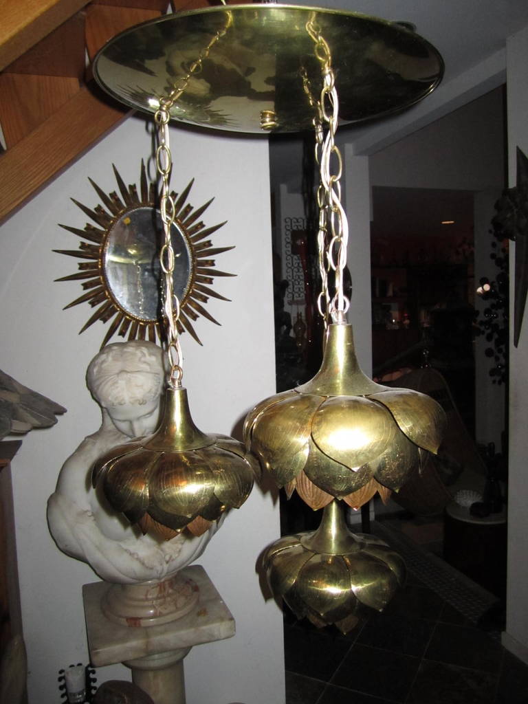 Unusual three lotus flower brass chandelier by Feldman. This particular chandelier is a bit different than the other that i have seen in the all the brass petal face down-really lovely. Please check out our huge selection of Feldman lotus