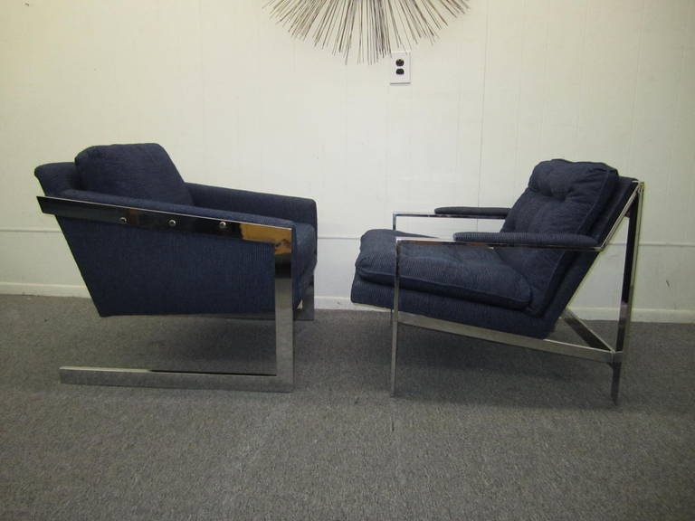 Stunning Pair of Milo Baughman style chrome flatbar lounge chairs.  I personally love these two styles together-sexy and quirky at the same time-both have similar statures.  The navy blue textured woven upholstery and foam are newer and still look