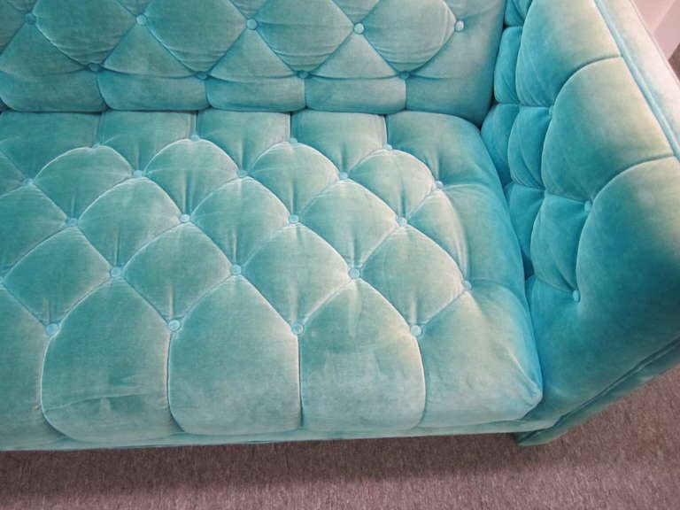 Lovely Midcentury Modern Turquoise Tufted Tuxedo Sofa at 1stDibs