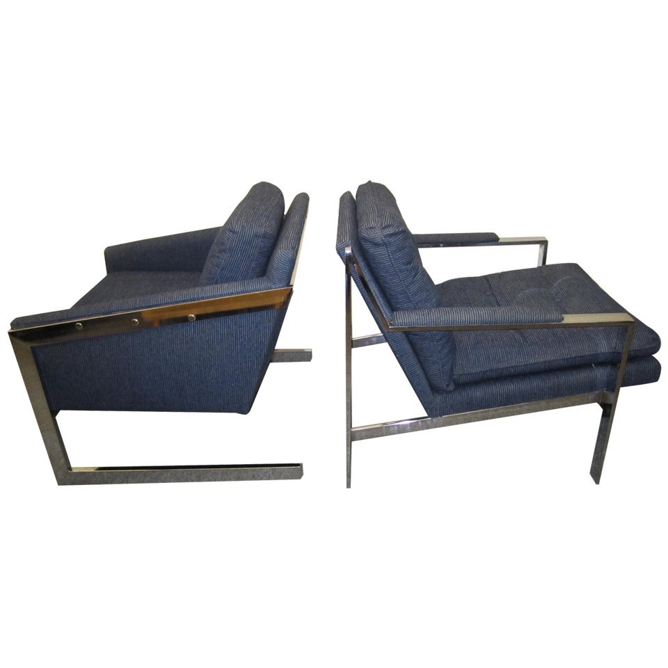 Pair of Milo Baughman style Matched Mismatched Chrome Lounge Chairs For Sale