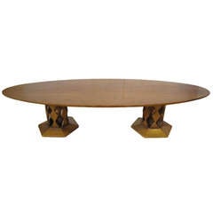 Unusual Large Surfboard Top Double Pedestal Coffee Table Mid-century Modern