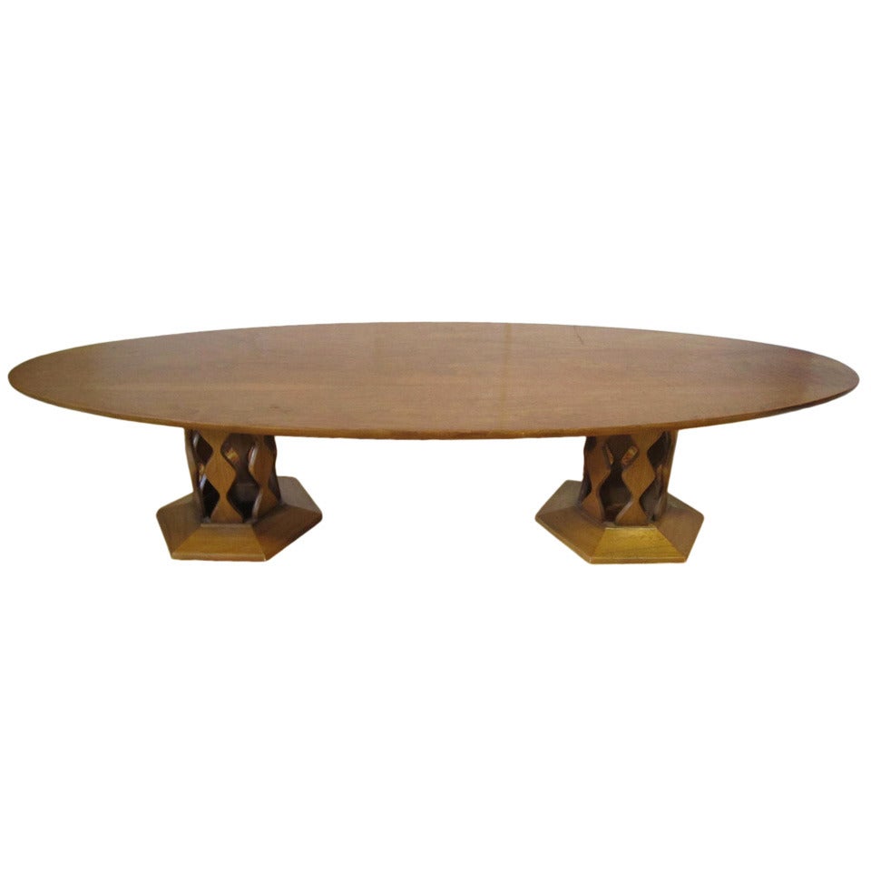 Unusual Large Surfboard Top Double Pedestal Coffee Table Mid-century Modern