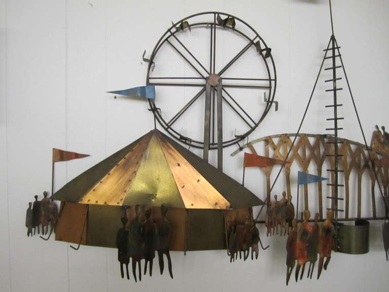 Whimsical Curtis Jere style Amusement Park Brass Wall Sculpture