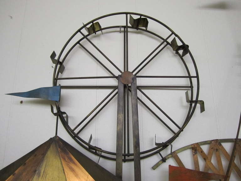 Whimsical Curtis Jere style Amusement Park Brass Wall Sculpture 1