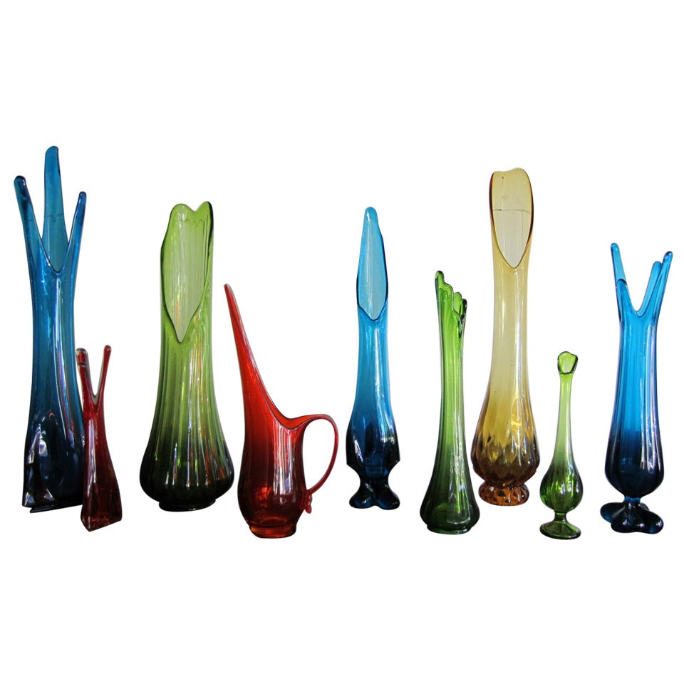 Fabulous Collection of 9 Colorful Viking Glass Vases Mid-Century Modern