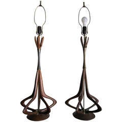 Monumental Pair of Sculptural Walnut Star of David lamps Mid-century Modern 7