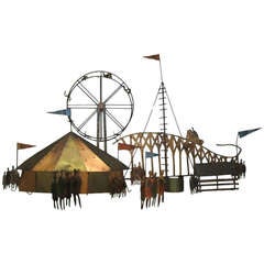 Whimsical Curtis Jere style Amusement Park Brass Wall Sculpture