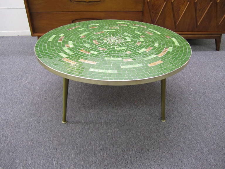Mid-Century Modern Fabulous Circular Green Gold Tile Top Coffee Table Mid-century Danish Modern
