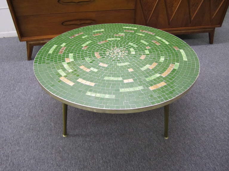 Fabulous Circular Green Gold Tile Top Coffee Table Mid-century Danish Modern 3