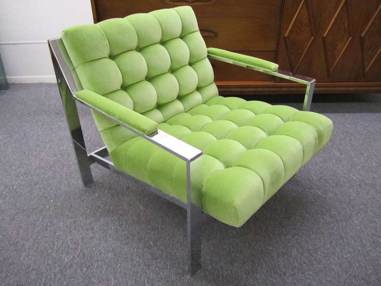 Excellent pair of Milo Baughman style chrome lounge chairs newly reupholstered in the most gorgeous high quality baby lime green velvet. These are scrumptious to look at like delicious lime sherbet.